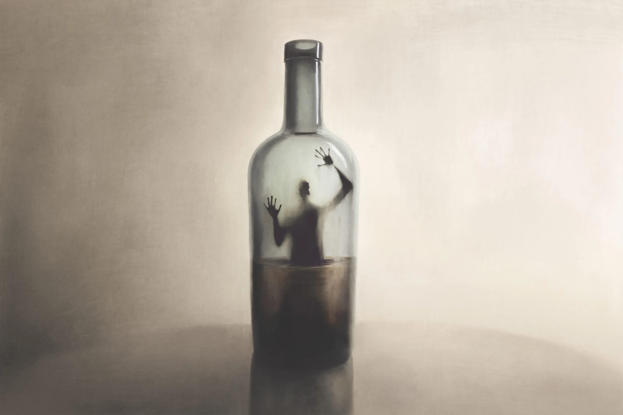 Illustration of man imprisoned in a bottle of alcohol, surreal addiction abstract concept