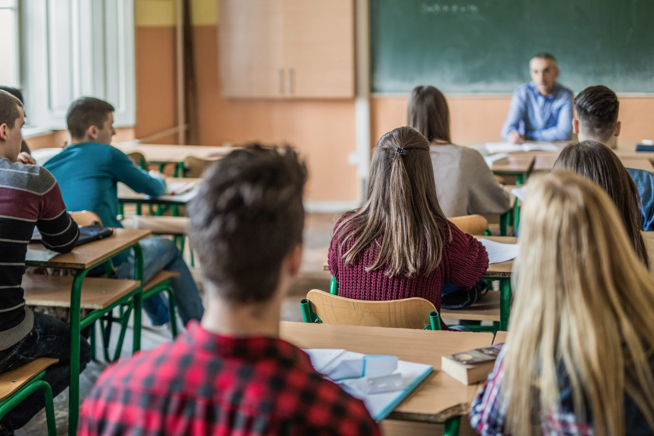 Back view of large group of students sitting in the classroom and listening to their teacher. Focus is on girl in purple sweater.